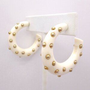 Kenneth Jay Lane Hoop Earrings White w/ Gold Tone Dots Chunky Pierced Signed KJL